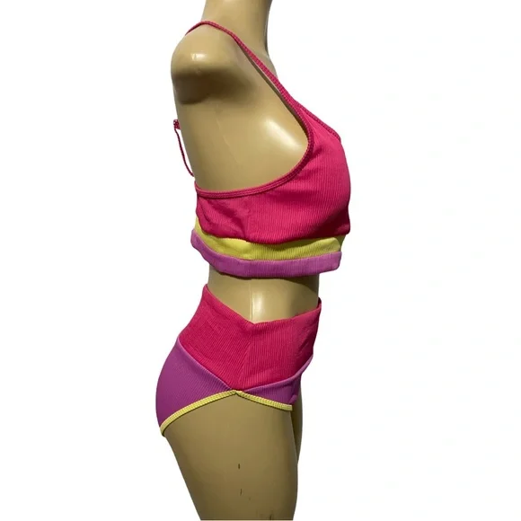 Two Piece Ribbed Adjustable Padded Pink Purple Yellow High-Waist Bikini Set - Picture 5 of 10